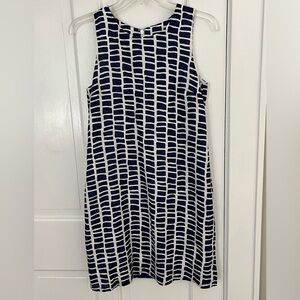Island Company Windowpane Navy White Sleeveless 100% Linen Classic Shift Dress S